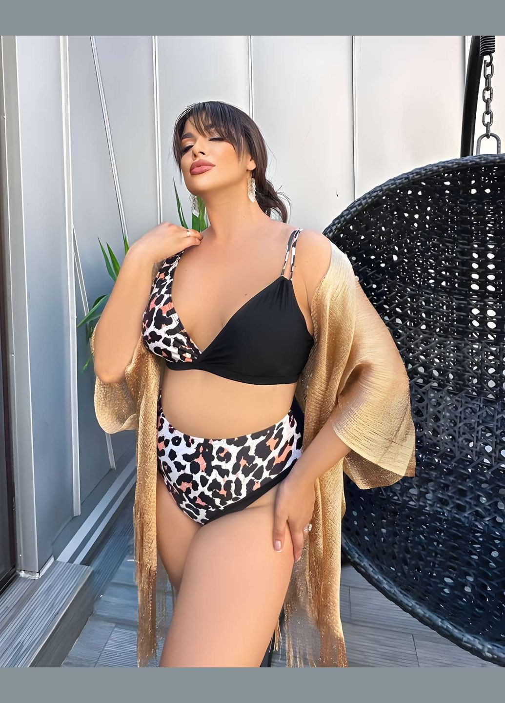 Черный летний летний женский леопардовый раздельный асимметричный купальник леопард 4хл. No Brand