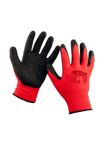 Перчатки рабочие трикотажные (красные), латексное покрытие (черный) р. 39381 (WE2110) Werk (292632355)