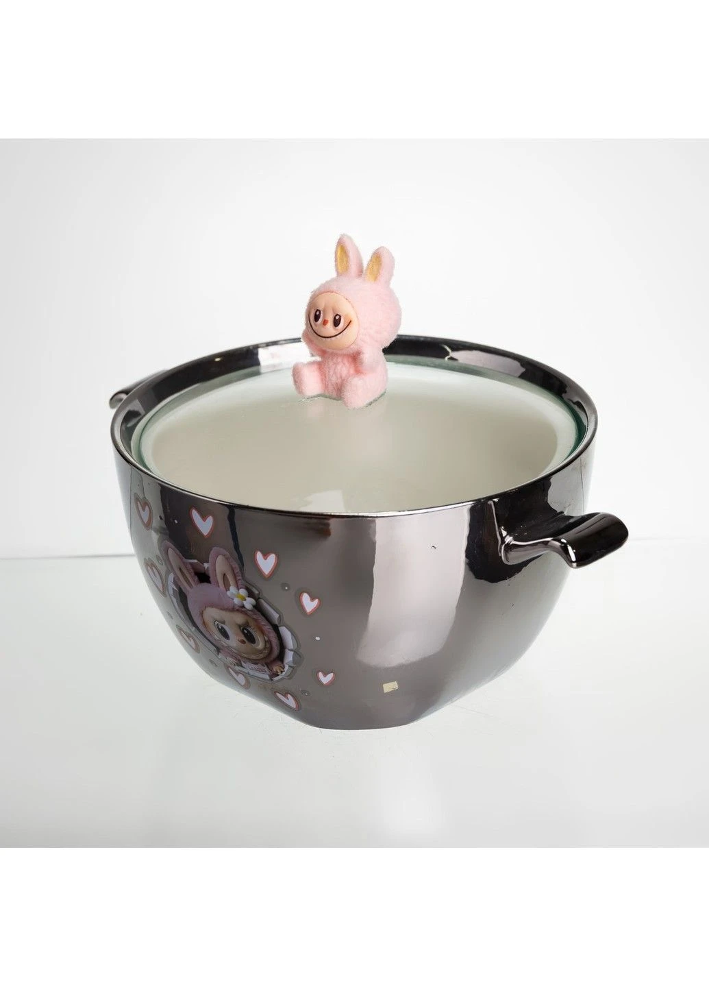 Бульонница фарфоровая Labubu с крышкой и ручками 800 (мл) Ø15 (см) детская тарелка для супа и лапши Серебристый Yiwu (384678509)