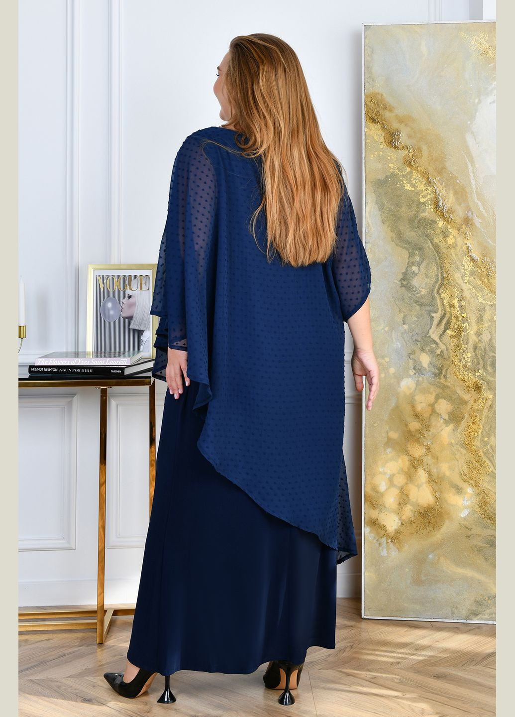 Темно-синее праздничный, вечернее длинное нарядное платье больших размеров Україна в горошек