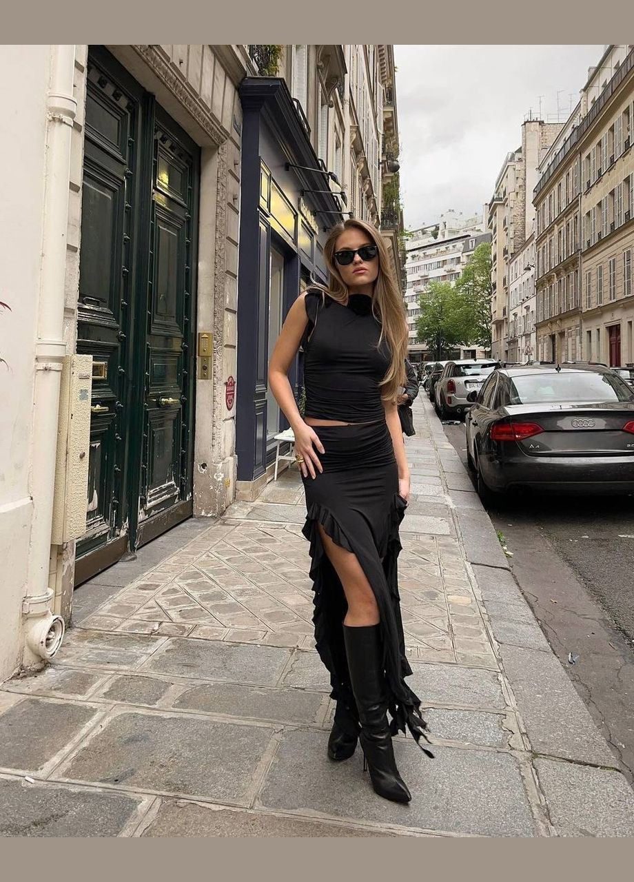 Черная повседневная однотонная женская юбка с воланами Avanti