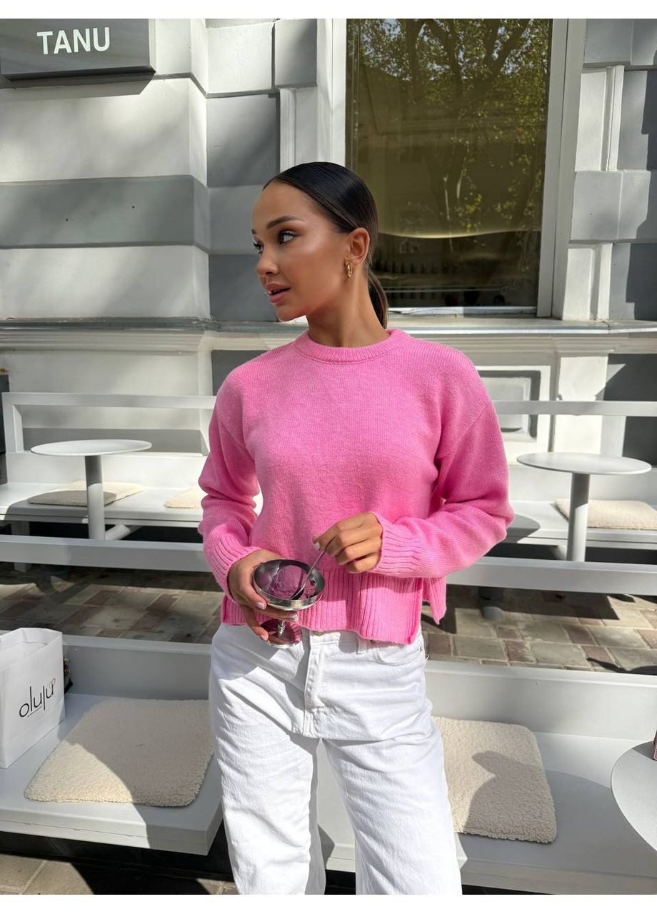 Рожевий демісезонний стильний укорочений светр з розрізом по бокам джемпер No Brand