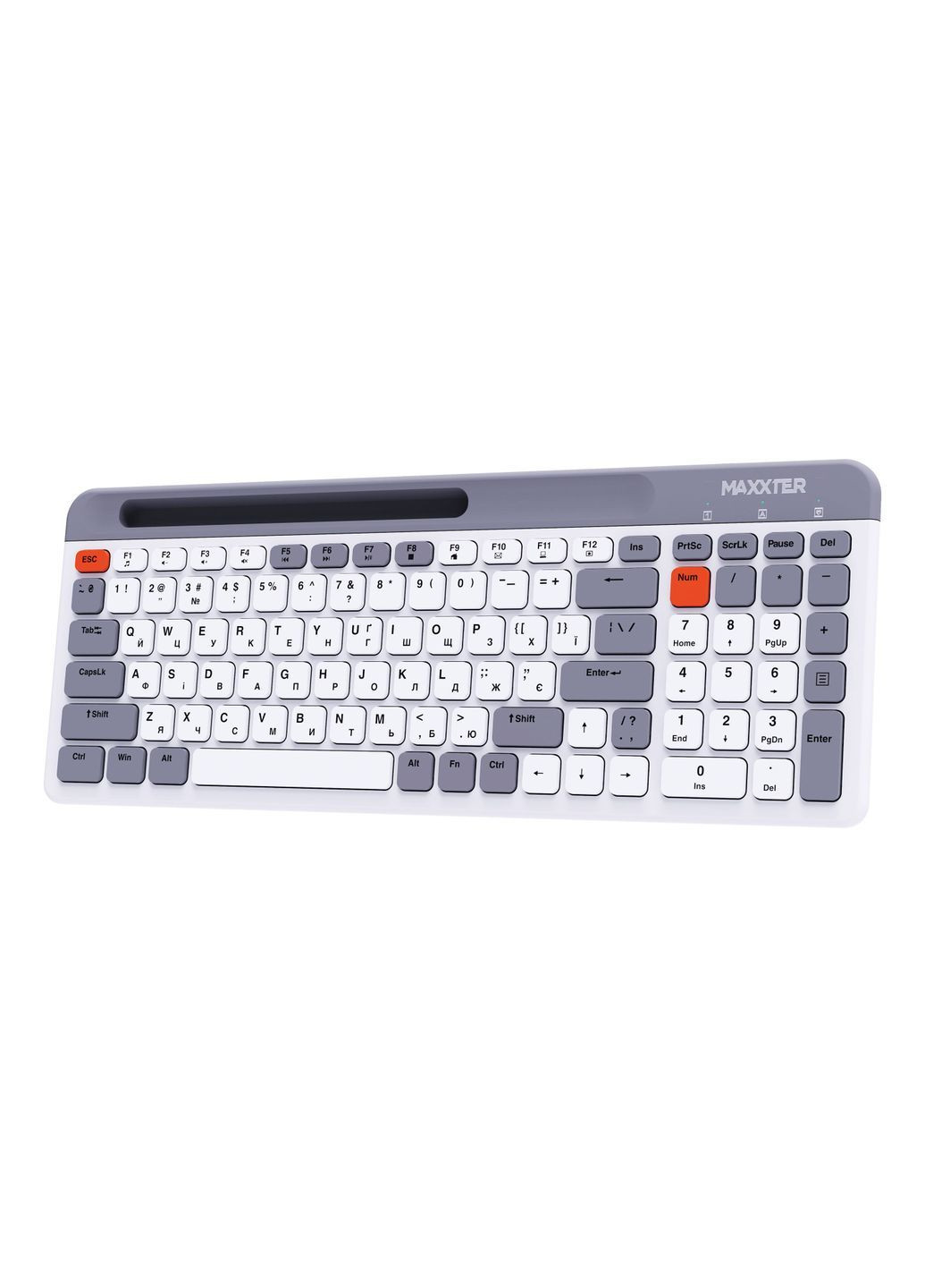 Беспроводная клавиатура 2.4 ГГц радио передатчик, ножничный механизм, серая с белым, компактная с держателем для телефона Maxxter (371143115)