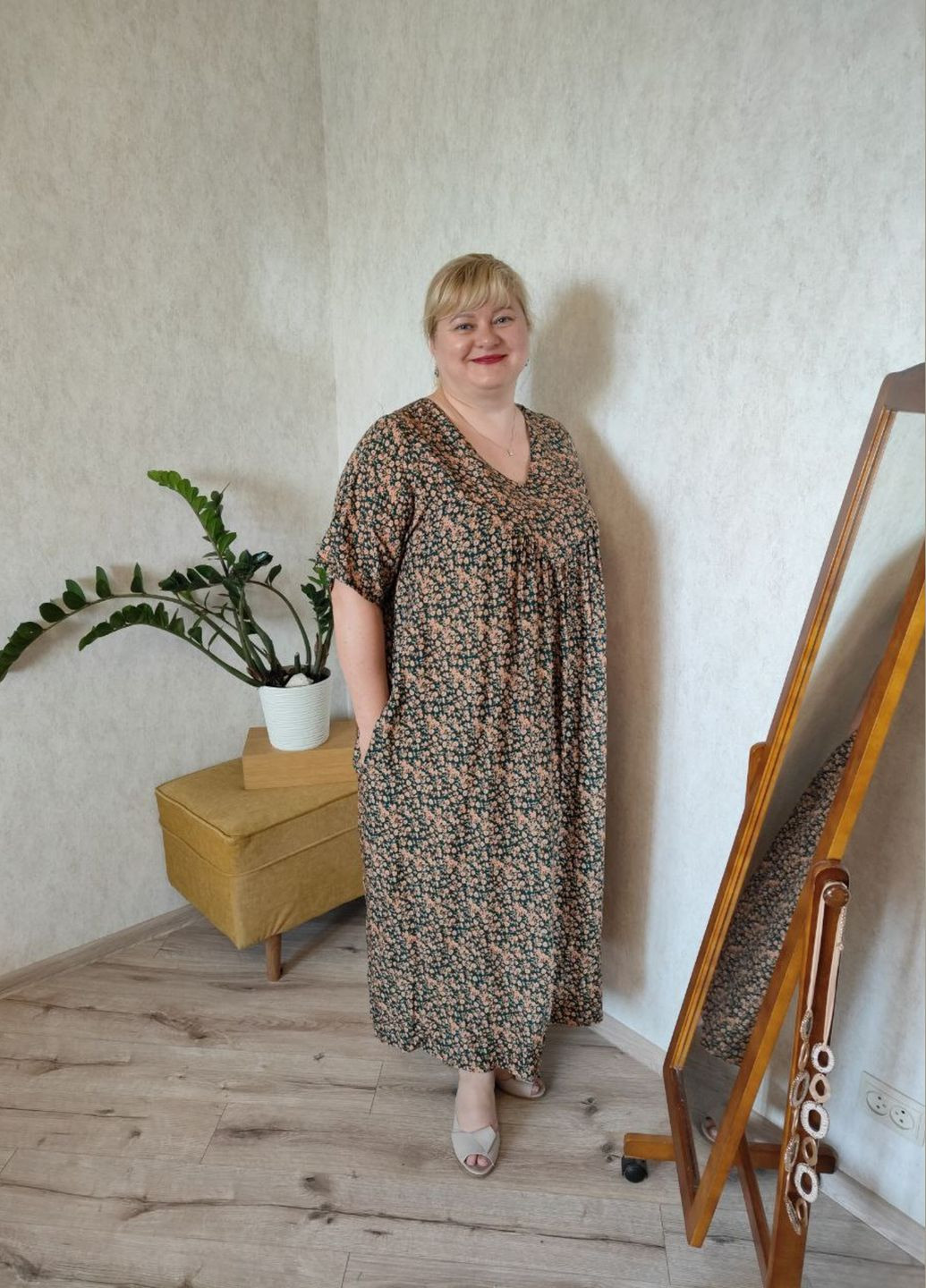 Темно-зеленое спортивное, домашнее, пляжное, повседневный, джинсовое платье штапельное клеш, колокол, оверсайз, плиссированное Saimeiqi с цветочным принтом