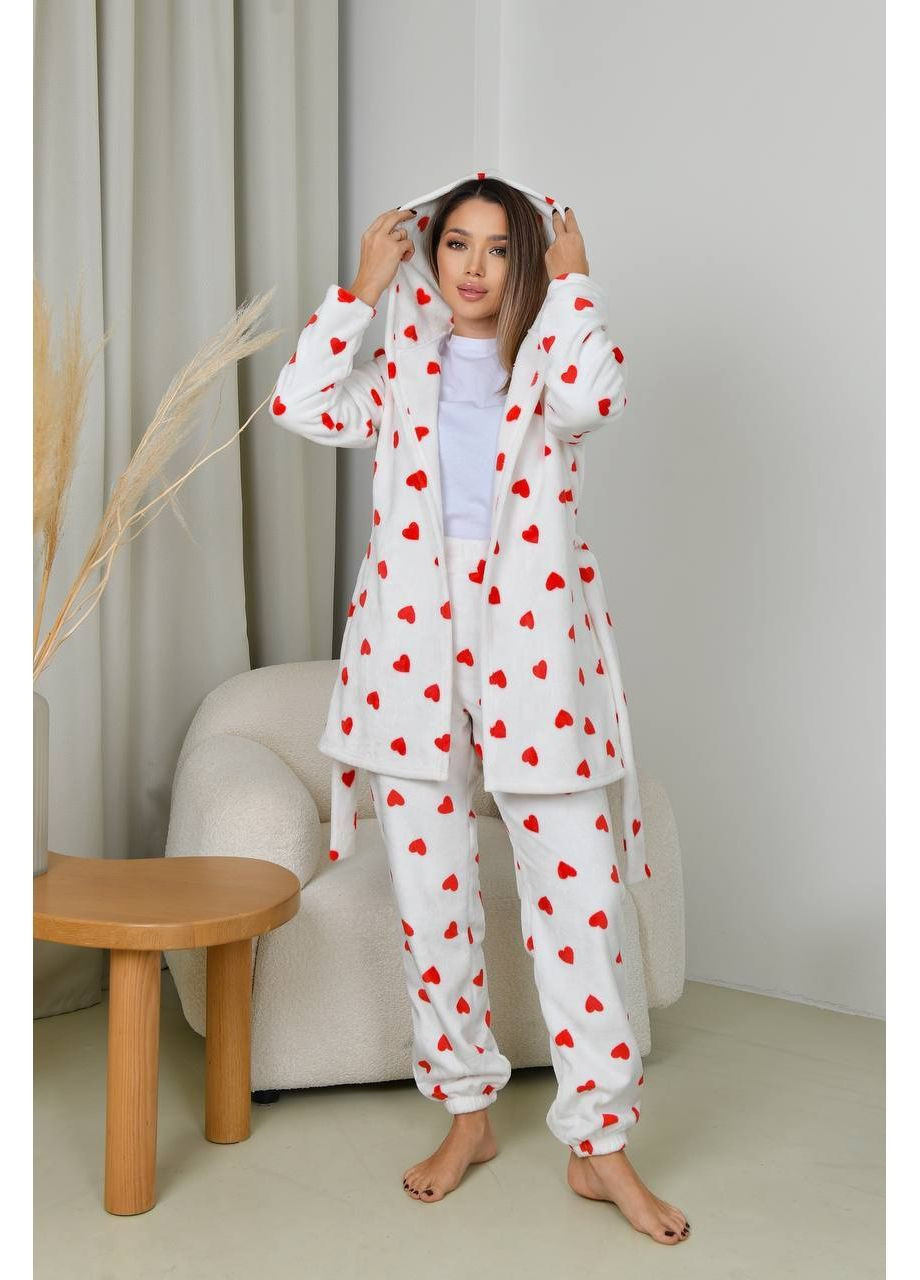 Молочная зимняя теплая махровая пижама шьани и халат рубашка + брюки Nositi