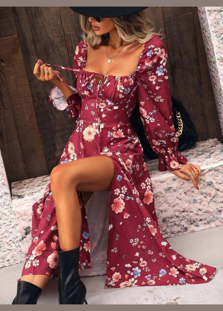 Бордова повсякденний, кежуал сукня No Brand з квітковим принтом