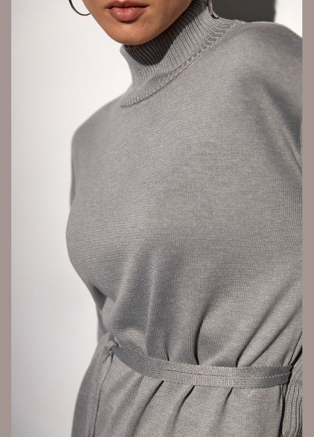 Серый демисезонный женский удлиненный джемпер из вискозной пряжи с поясом (2706) Triko Bakh