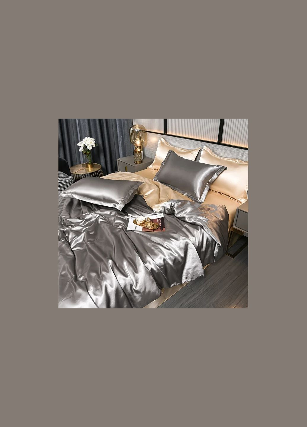 Атласное Серебряно-золотое двуспальное постельное белье 175х210см Moka textile (316632000)