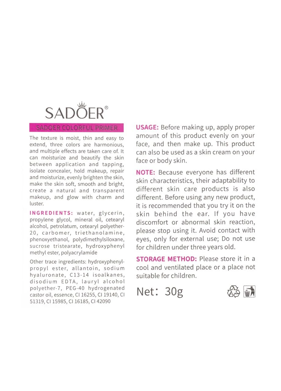 База під макіяж триколірна Colorful Primer SD45484, 30 г SADOER (322774937)
