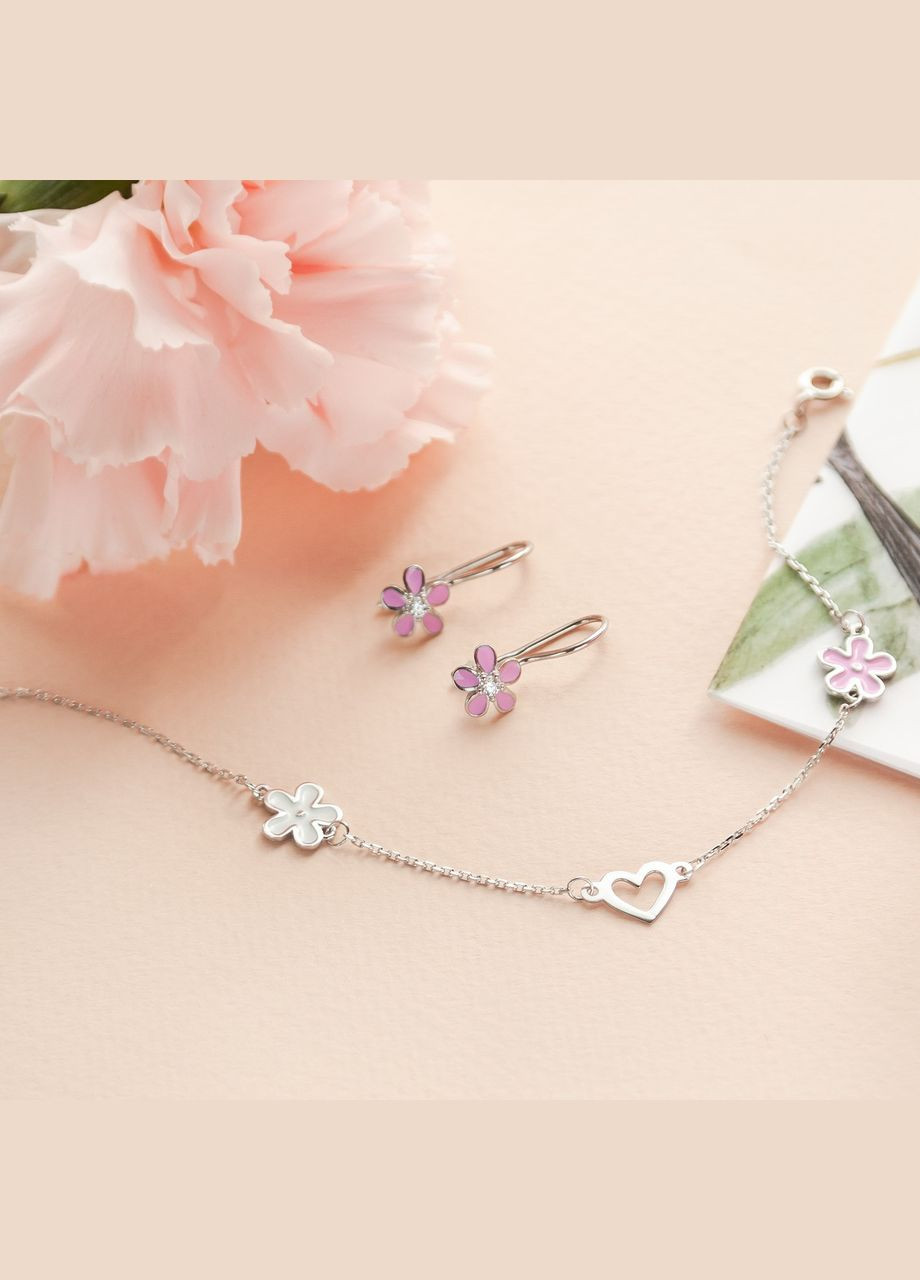 Комплект срібний Квіточки з яскравою емаллю білими фіанітами сережки та браслет No Brand (362177432)