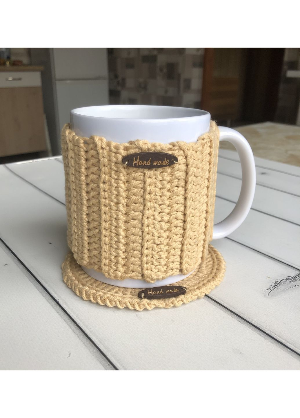 Набор для чая или кофе: чашка 330 мл, вязаная грелка-свитер и подставка для чашки бежевые, подарочный набор No Brand (364506656)