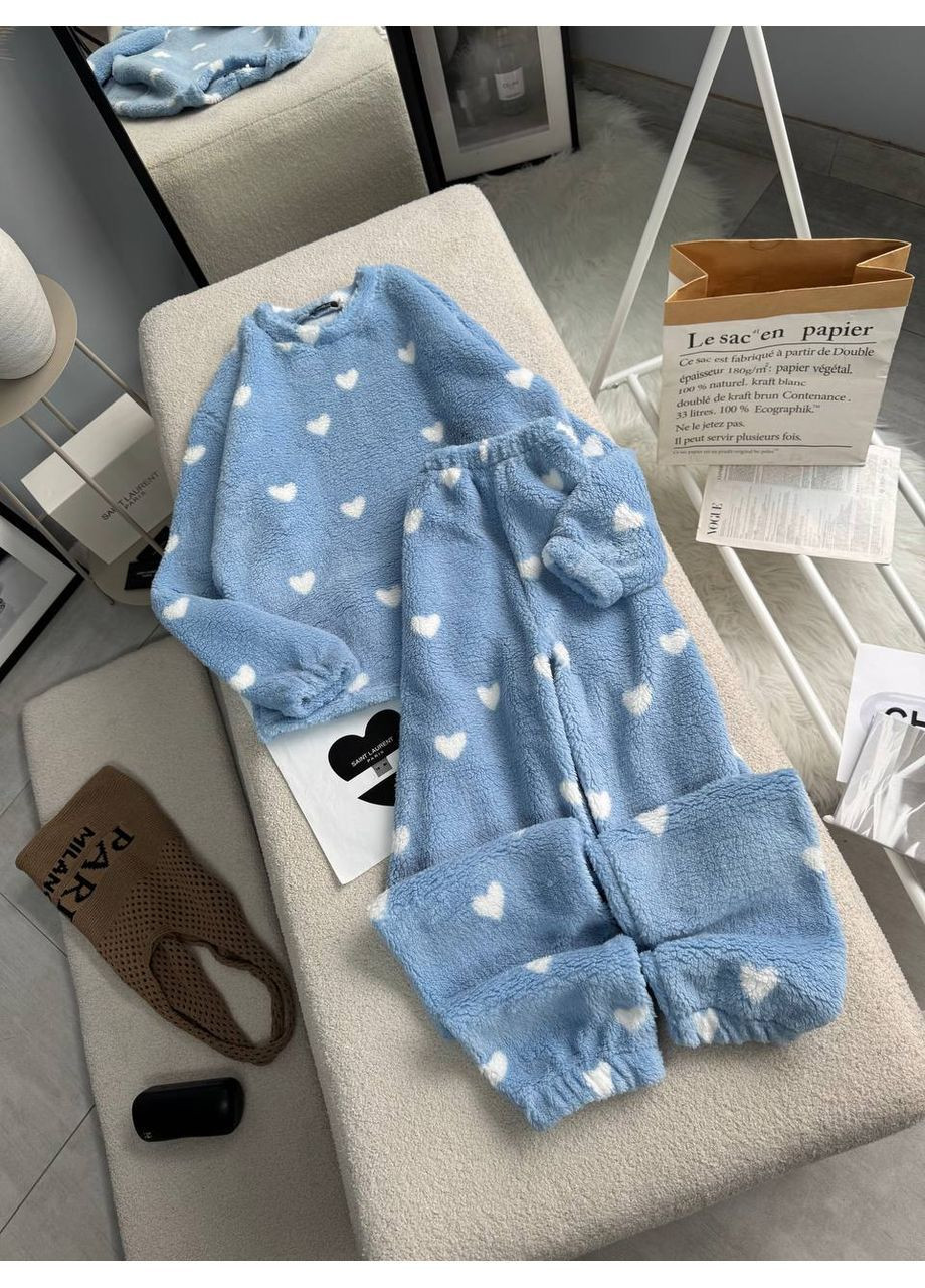 Голубая зимняя женская пижама теплая свитшот + брюки No Brand