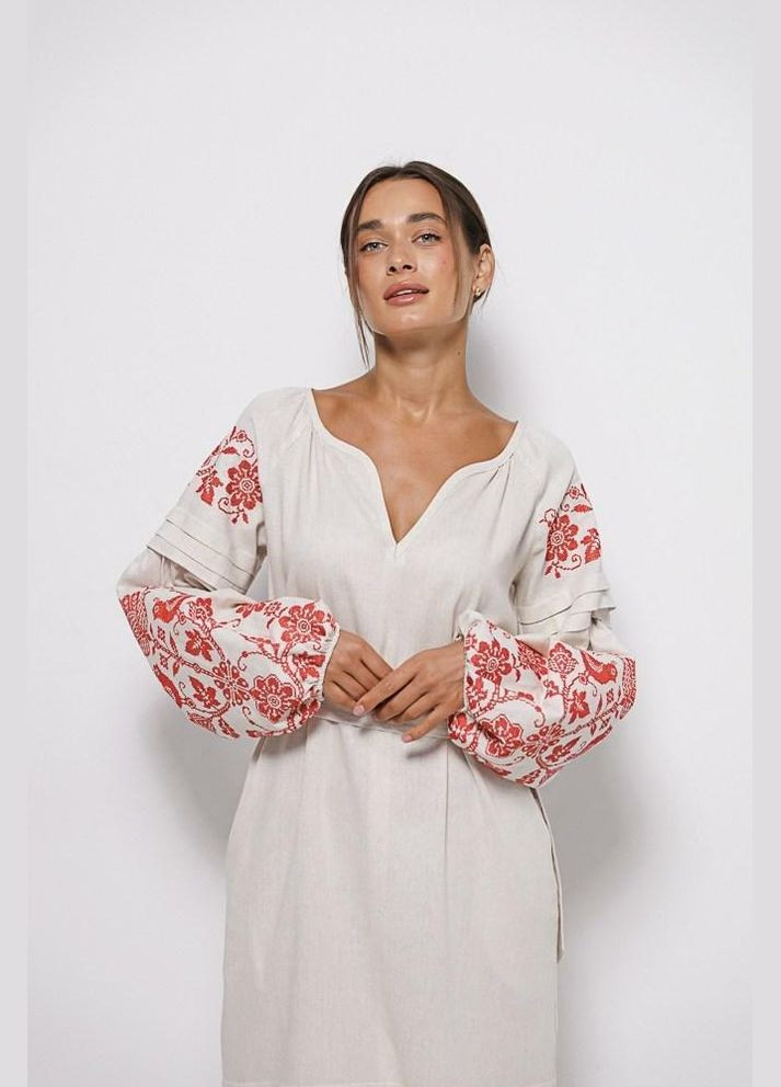 Бежевая длинное платье-вышиванка крестиком бежевое с деревом жизни mkar35198-2 Modna KAZKA (336933871)