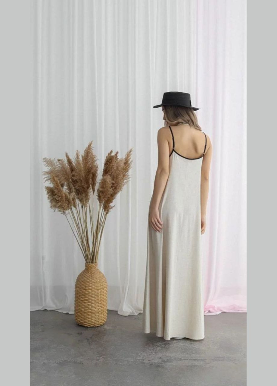 Бежевое повседневный, праздничный, вечернее льняное платье-сарафан макси Amos однотонное