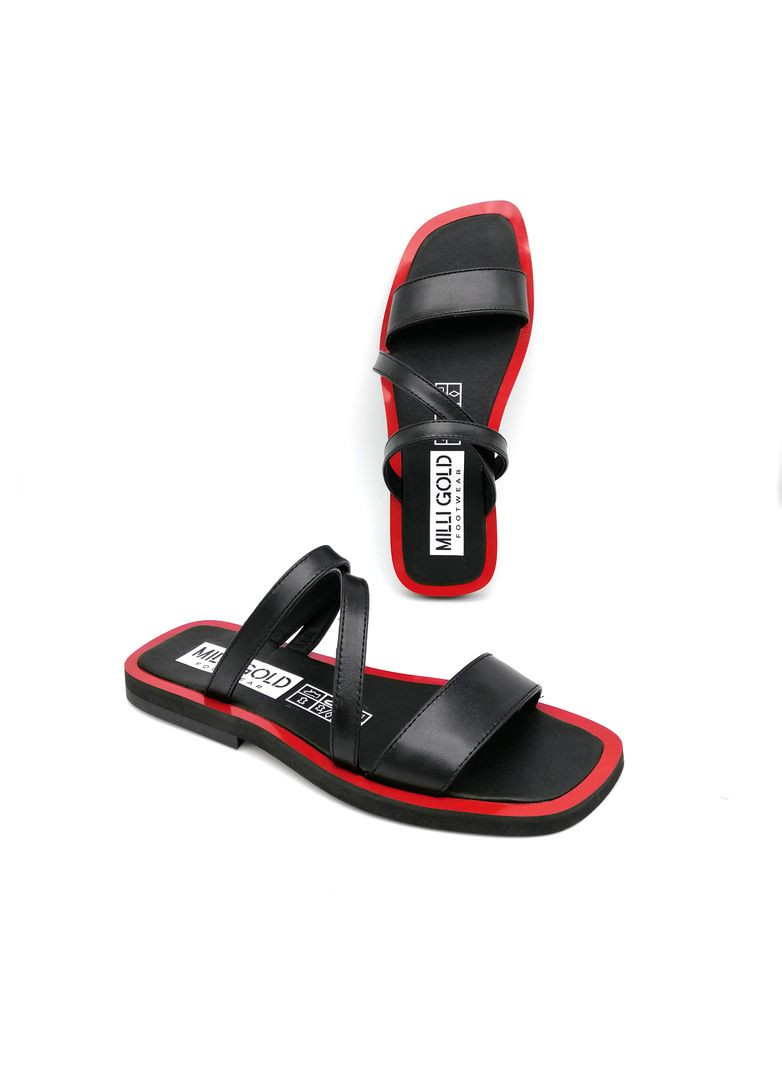 Черные шлепанцы женские кожаные черные с красным MILLI GOLD
