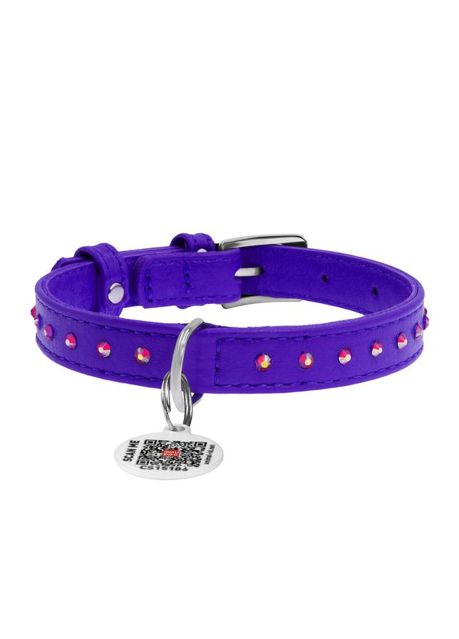 Нашийник для собак шкіряний Glamour з QR паспортом, з клейовими стразами, Ш 15 мм, Дов 27-36 см фіолетовий WAUDOG (322001532)
