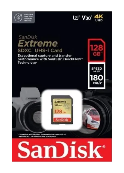 Карта пам'яті SDXC, 128Gb, Extreme, UHS-I U3 V30, до 180/90 МБ/с (SDSDXVA-128G-GNCIN) 000-270526 SanDisk (410666100)