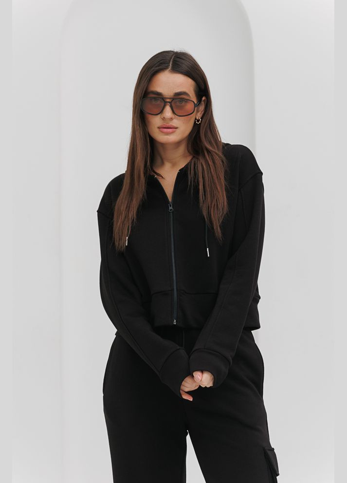 Спортивный женский костюм черный с худи на молнии Arjen (294907674)