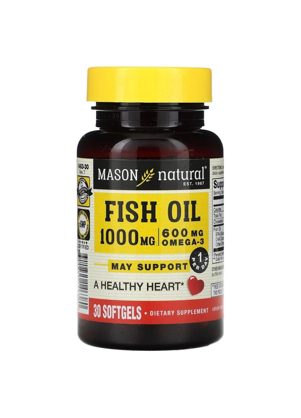 Жирні кислоти Fish Oil 1000 mg Omega 600 mg, 30 капсул Mason Natural (293481548)