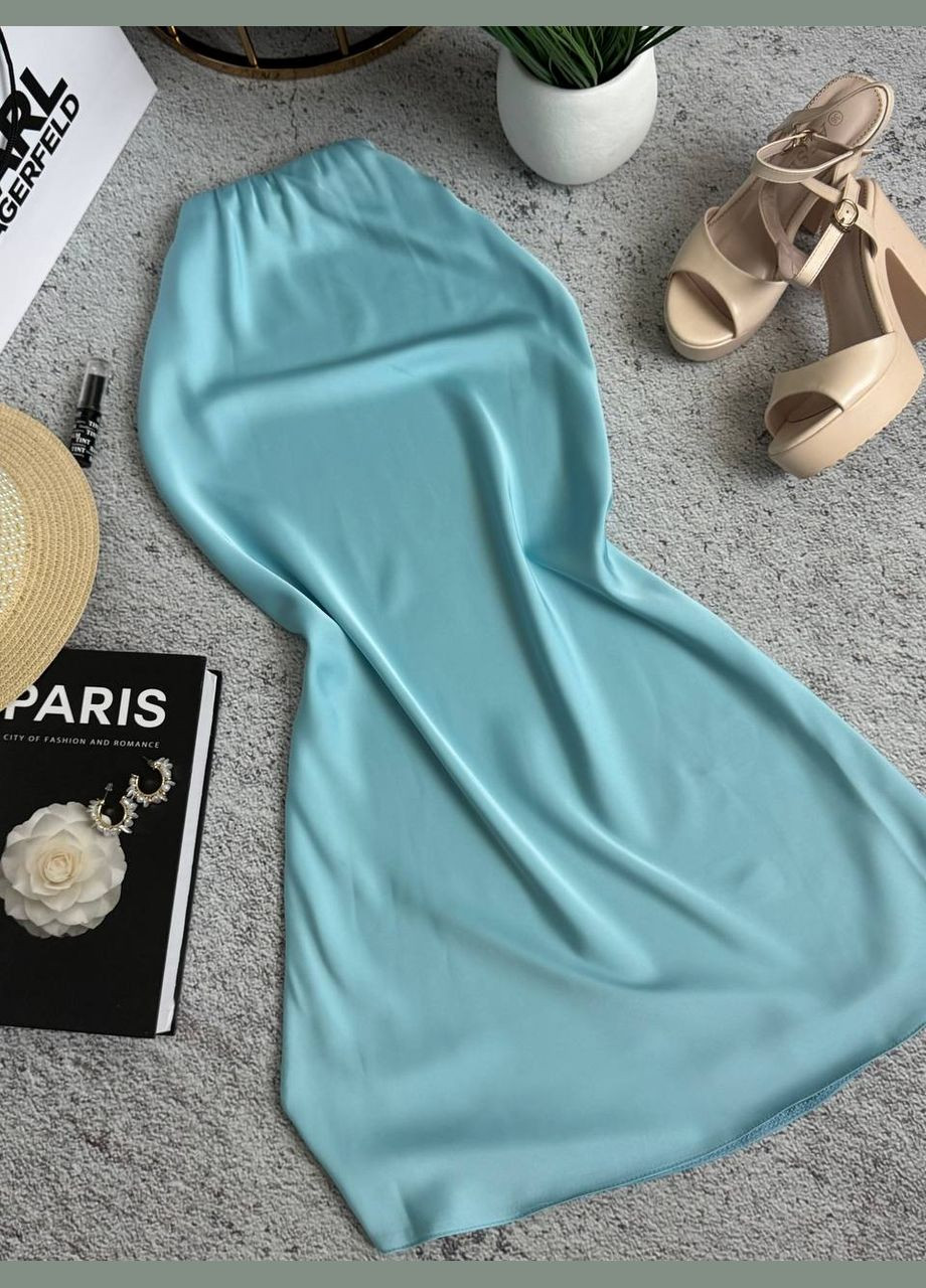 Голубая кэжуал миди женская юбка с шелком. MonCher а-силуэта (трапеция)