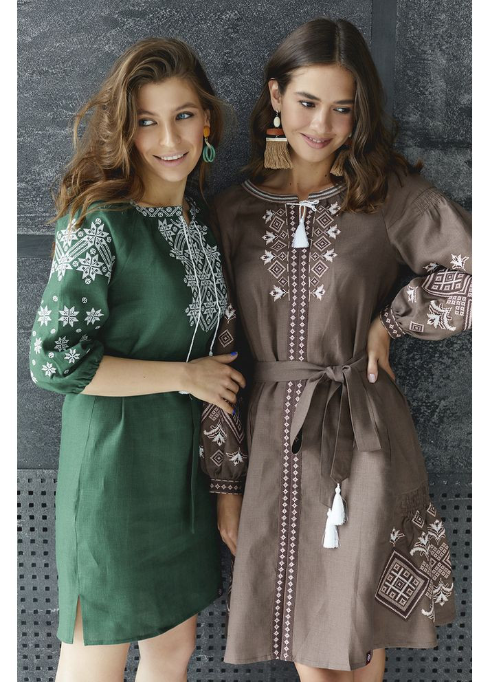 Зелена жіноча лляна сукня-вишиванка (fm2585) Folk Moda (365729724)