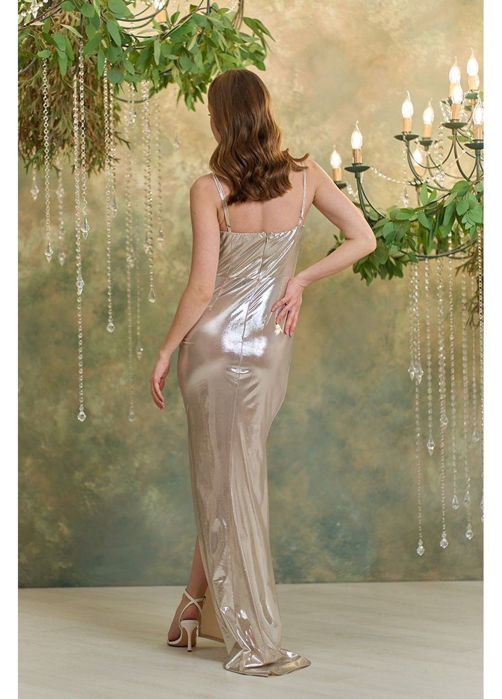 Бежевое праздничный, вечернее вечернее платье макси зеркало 25021 золотое силуэтная Tanita-Romario