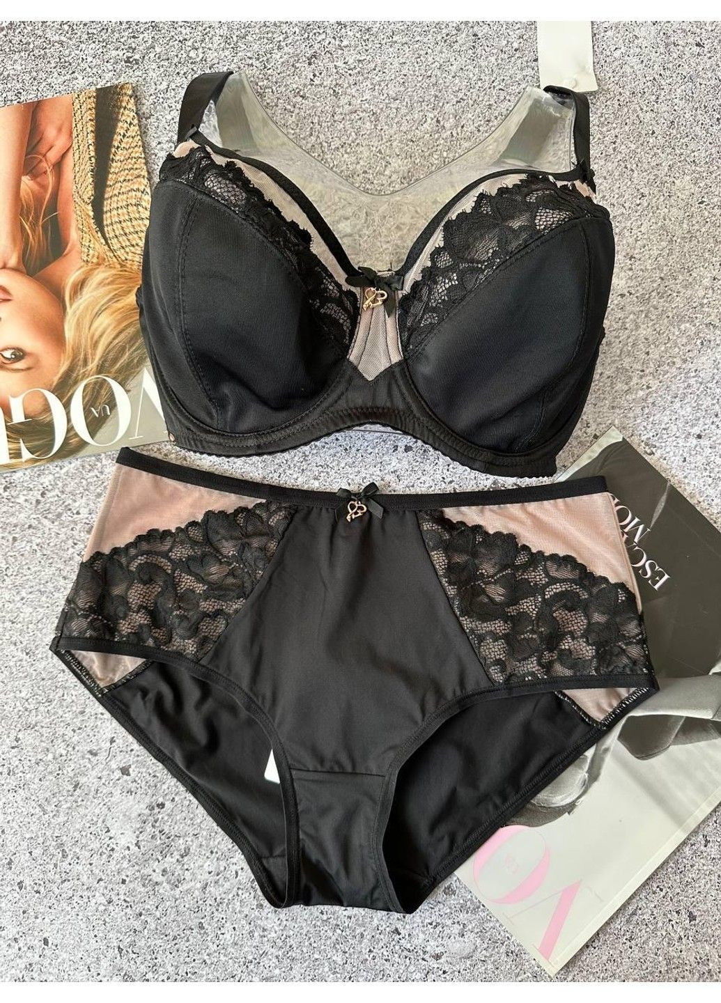 Черный комплект нижнего женского белья черно-бежевый Lanny Mode