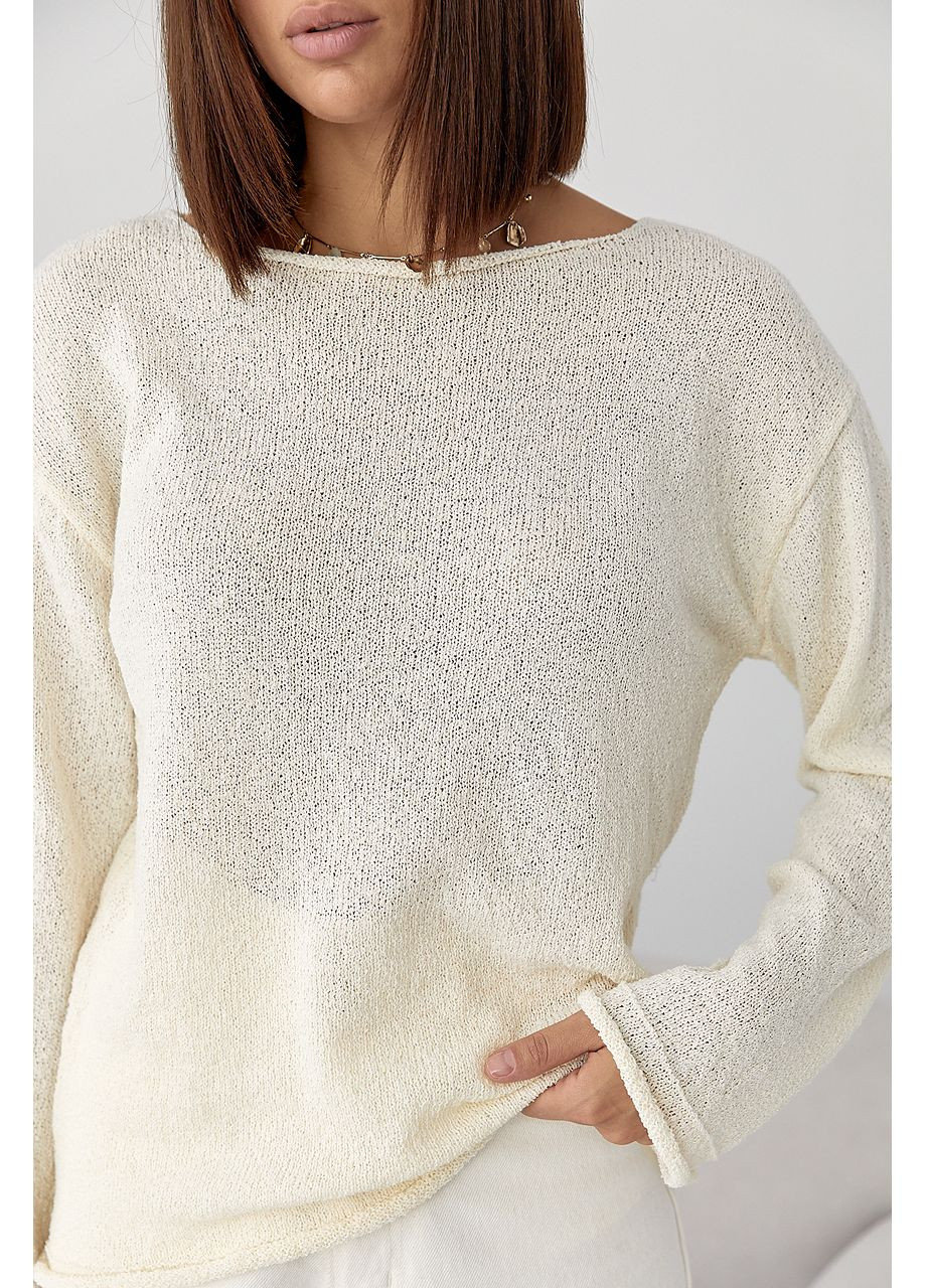 Молочний демісезонний в'язаний джемпер з необробленими краями - хакі колір Lurex