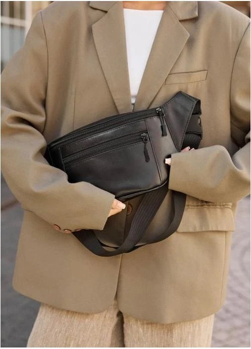 Большая женская поясная сумка бананка из натуральной кожи Sambag Tirso Max черная 60525 De Esse (403068338)
