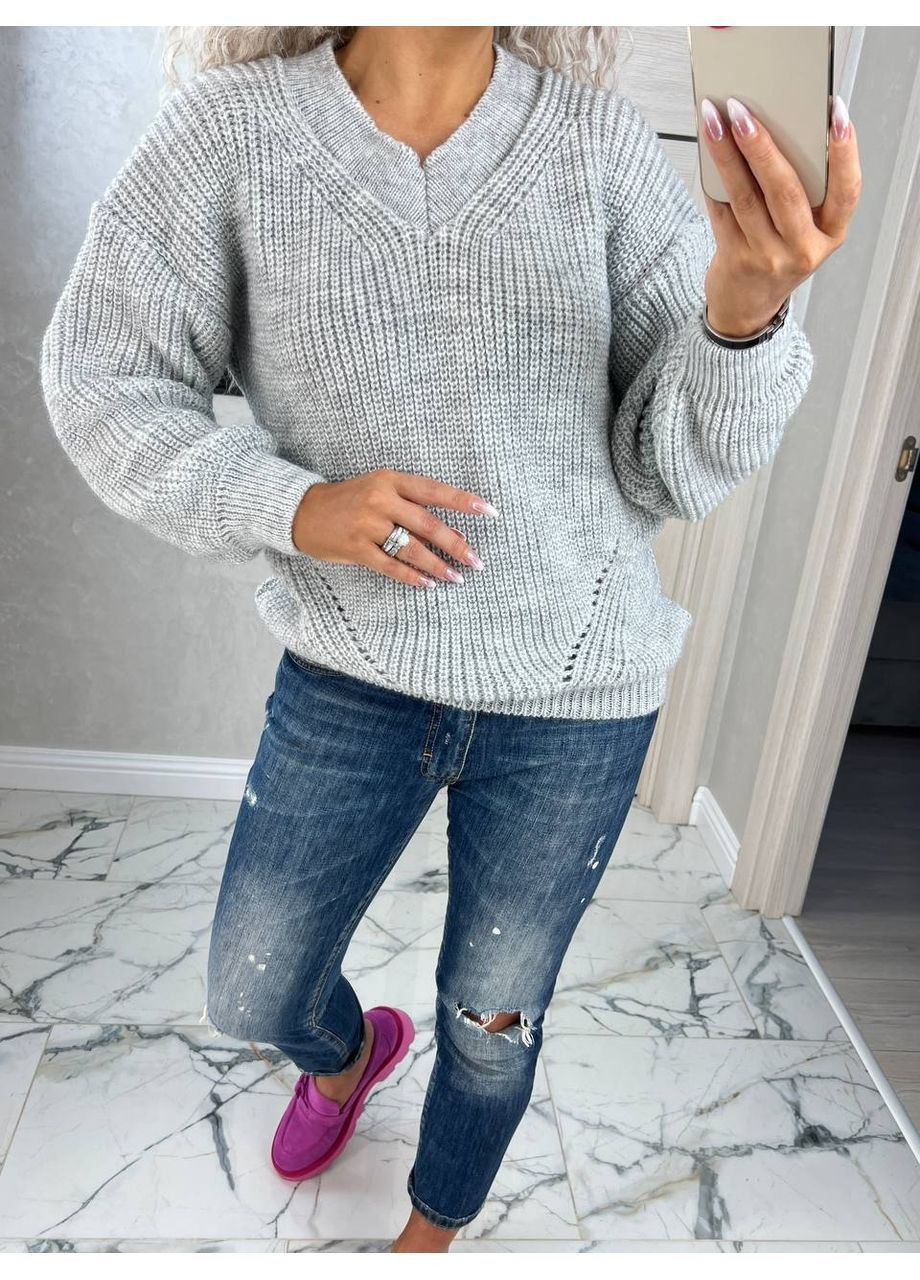 Сірий демісезонний жіночий напіввовняний светр з фактурною в’язкою джемпер No Brand