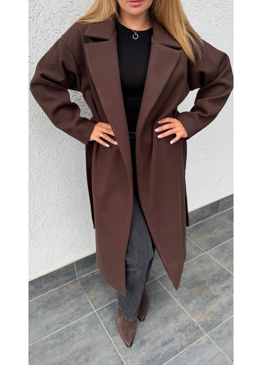 Темно-коричневое демисезонное Пальто утепленное кашемир стрейч прямого кроя с поясом и карманами утеплитель силикон 100 Україна