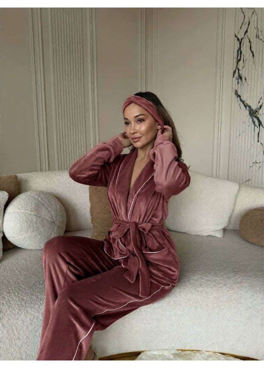 Темно-бежева велюрова піжама трійка Osoblyva