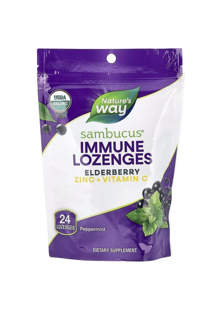 Экстракт черной бузины, витамин С и цинк Sambucus Immune Lozenges, 24 леденца для поддержки иммунной системы - Перечная мята Nature's Way (334706559)