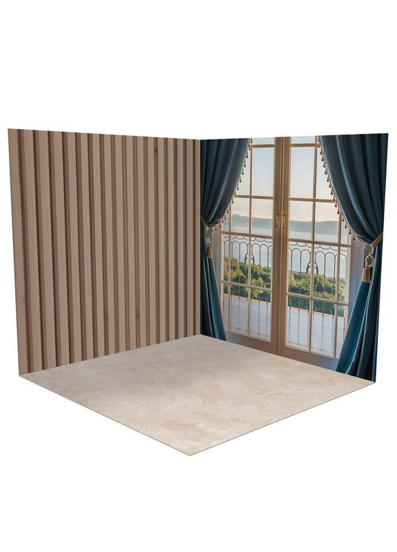 Кутовий вініловий фотофон 3D, рейкова стіна, світла дерев’яна і бежева кам’яна підлога, 80×80 см, №58451 PhotoVinyl (354358034)