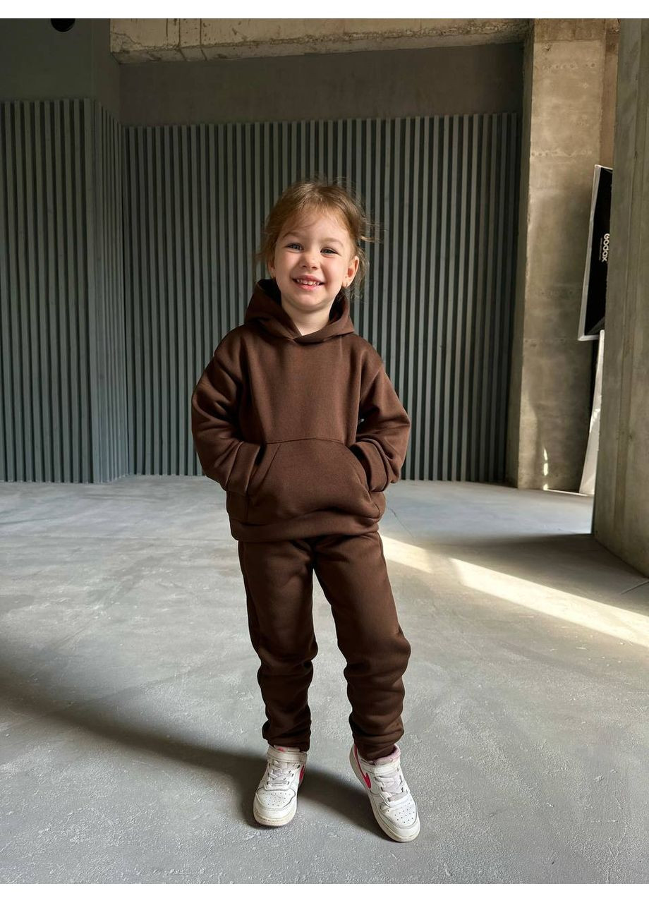 Темно-коричневий демісезонний костюм унісекс тринитка на флісі,оверсайз,штани та худі з капюшоном та кишеня кенгуру Україна