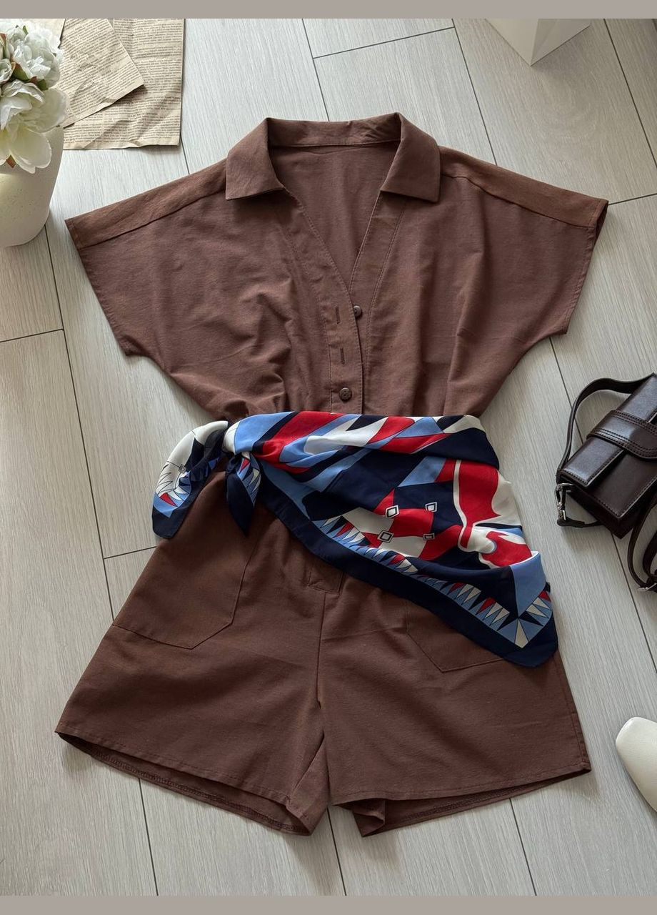 Жіночий комбінезон FINO Mode комбінезон-шорти коричневий повсякденний, коктейльний, вечірній, кежуал льон