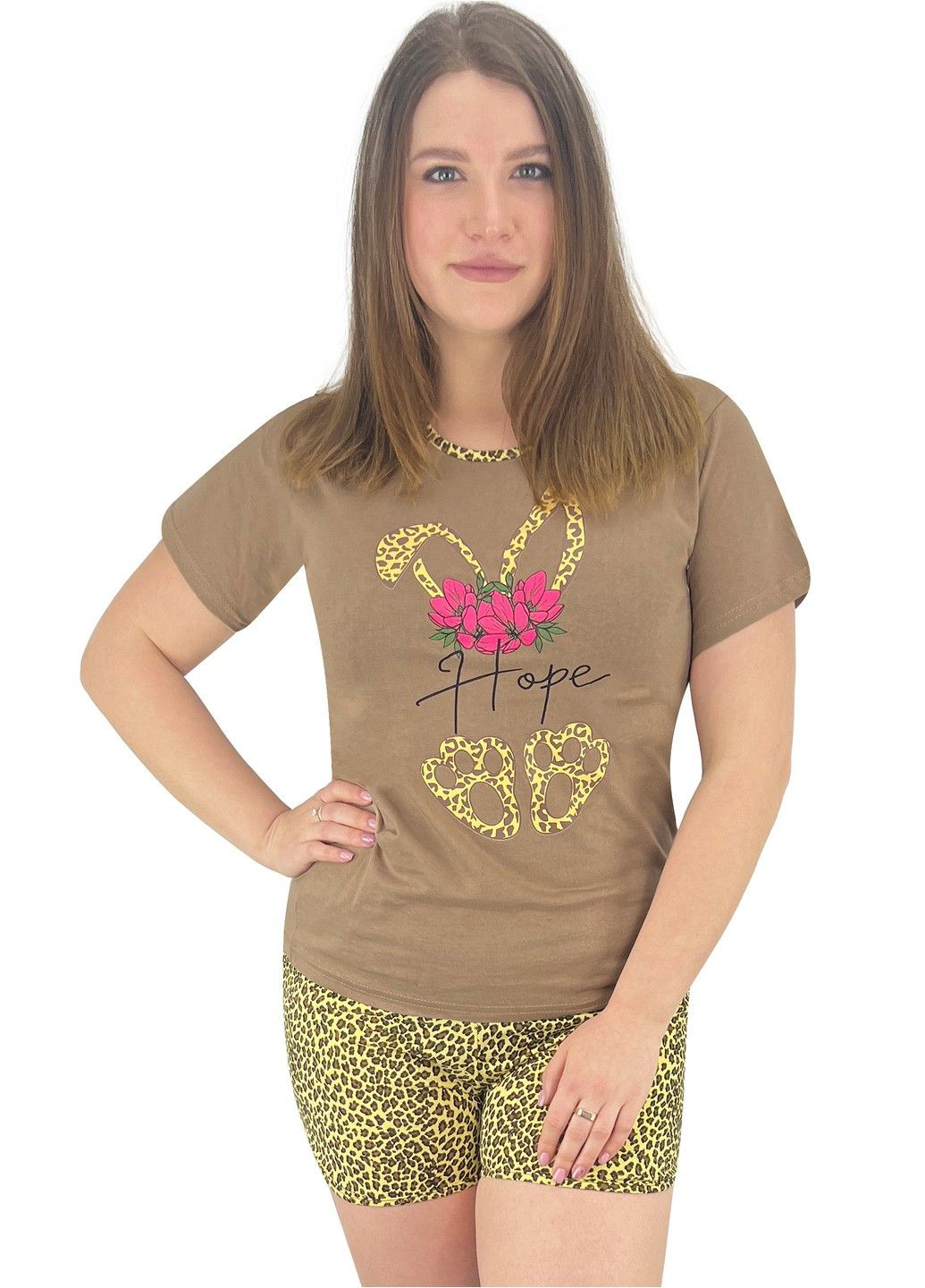 Бежевая всесезон пижама футболка с шортами с накатом майка + шорты Жемчужина стилей 4100