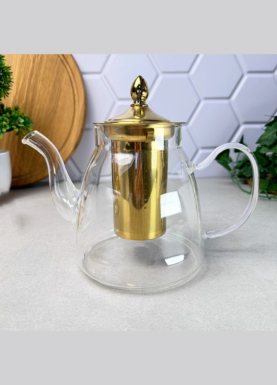 Скляний чайник 1 л на золотистій підставці для підігріву Ruhunu Золото No Brand (315436536)