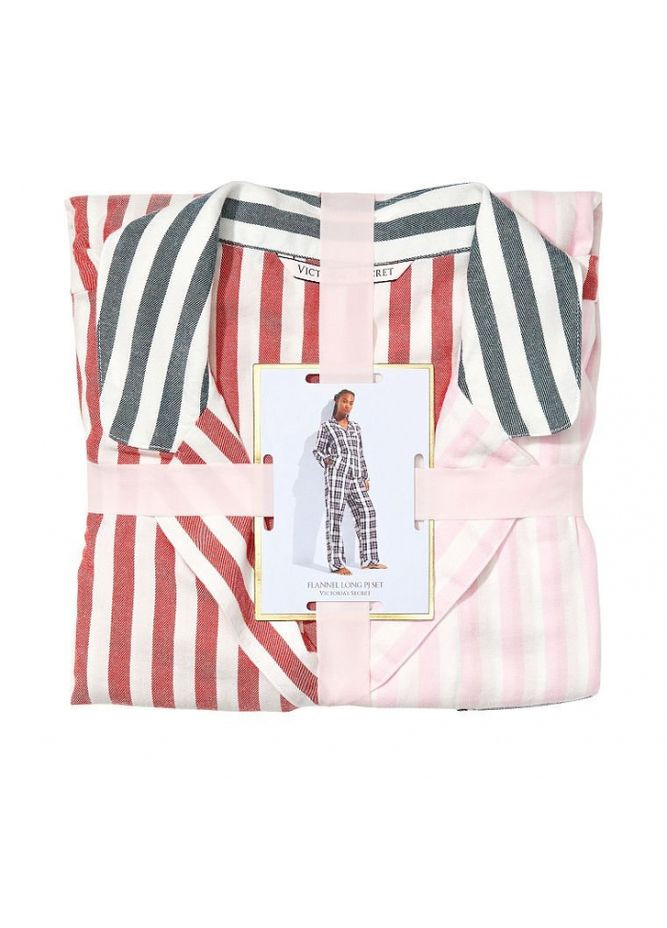 Белая всесезон женская пижама flannel long pajama set фланелевая в полоску белый рубашка + брюки Victoria's Secret