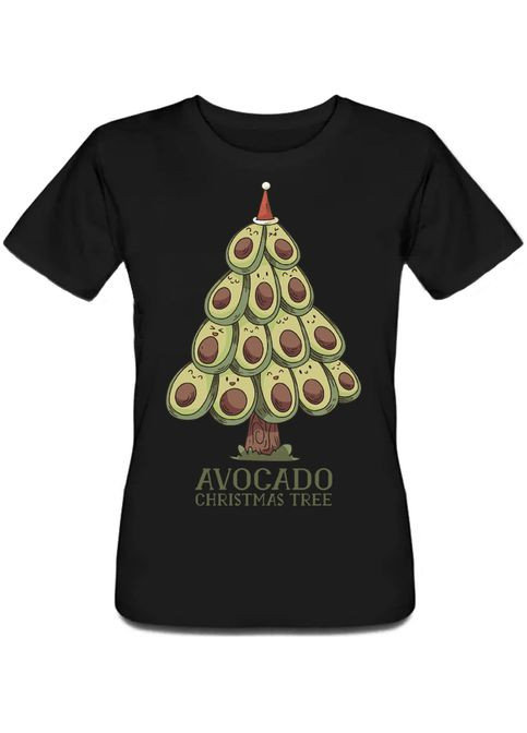 Черная летняя женская новогодняя футболка "avocato christmas tree" (чёрная) Fat Cat