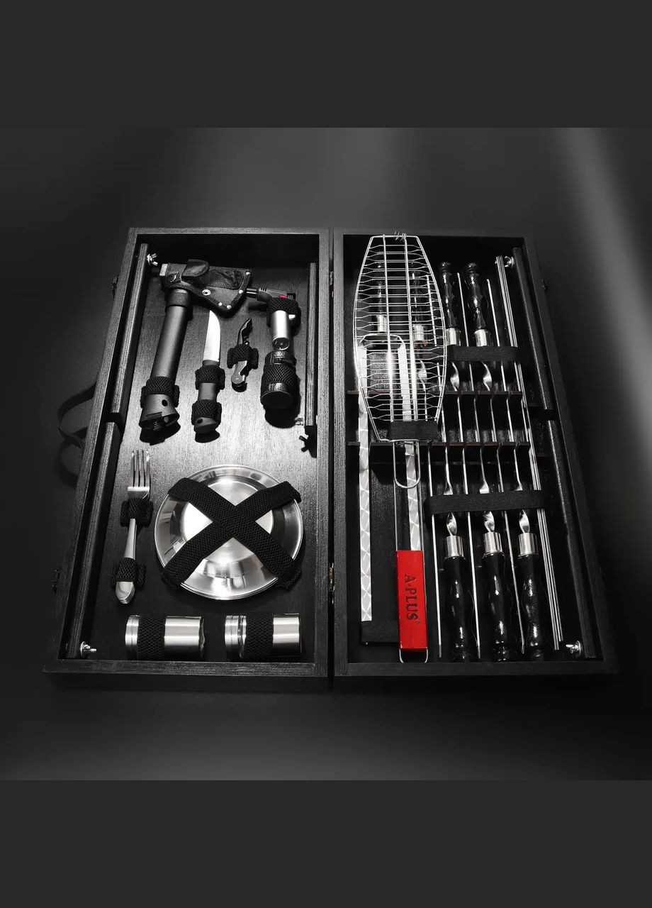 Шашличний набір-комплект з столиком на 6 шампурів "Grills " Чорний | 30 предметів Handmade G16 (342745322)