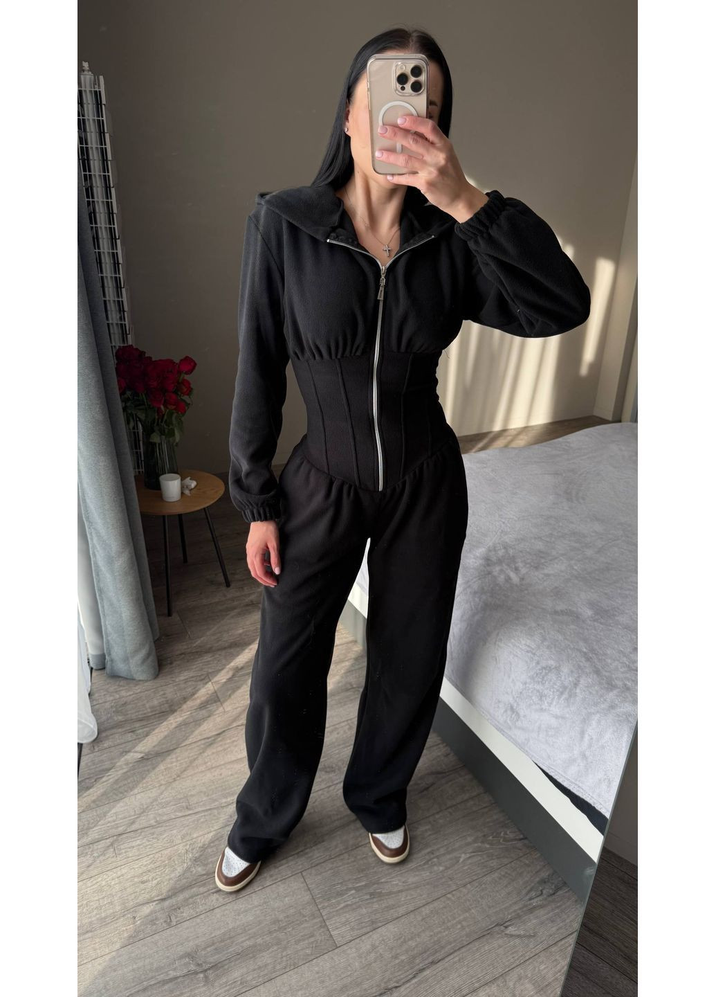 Комбинезон женский флисовый Style Point комбинезон-брюки однотонный чёрный повседневный, кэжуал флис