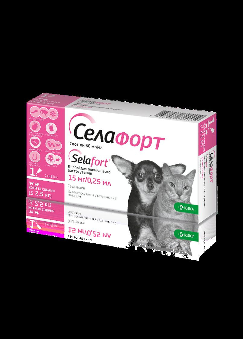 Краплі Селафорт від бліх, кліщів і гельмінтів для собак та котів вагою до 2.5 кг, 1 піпетка (*) KRKA (306741071)