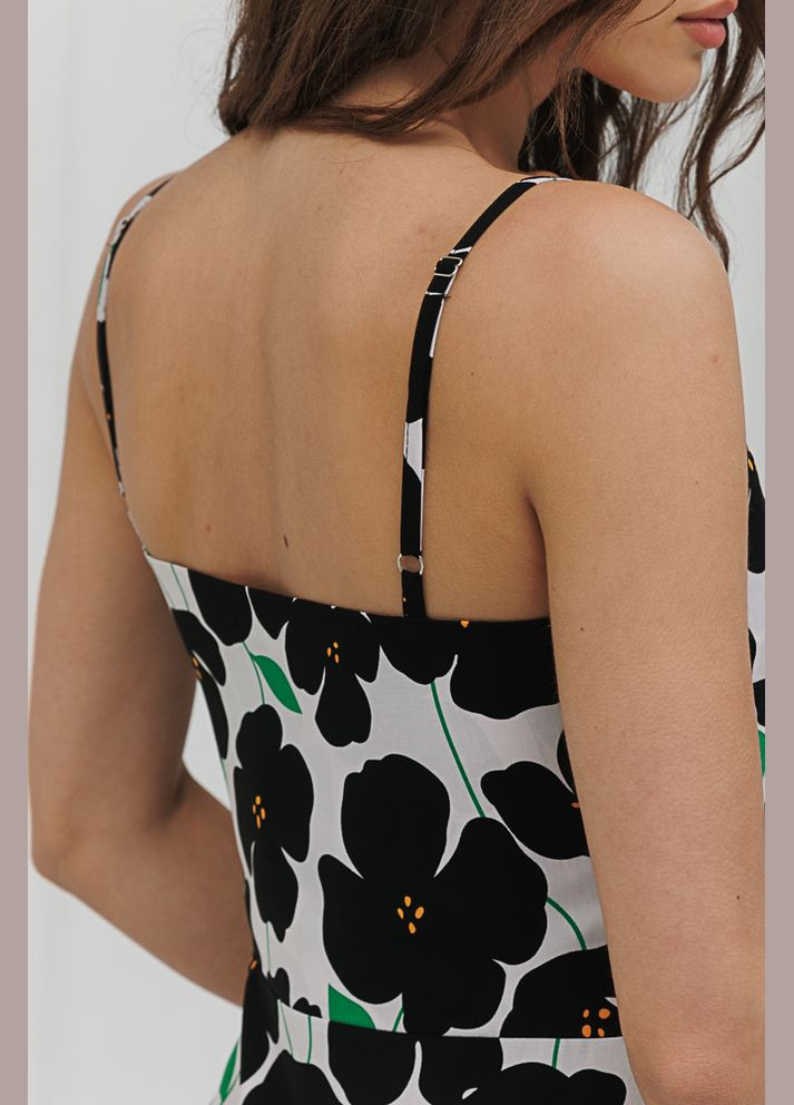 Молочное длинное летнее платье с разрезом молочное в черные цветы Arjen