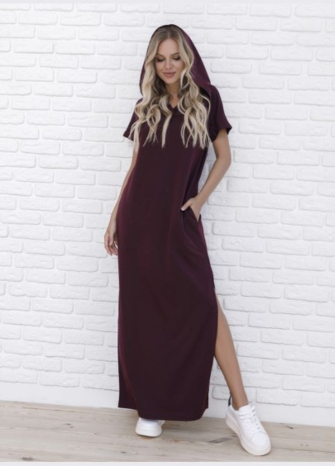 Бордова трикотажна довга сукня з капюшоном No Brand однотонна