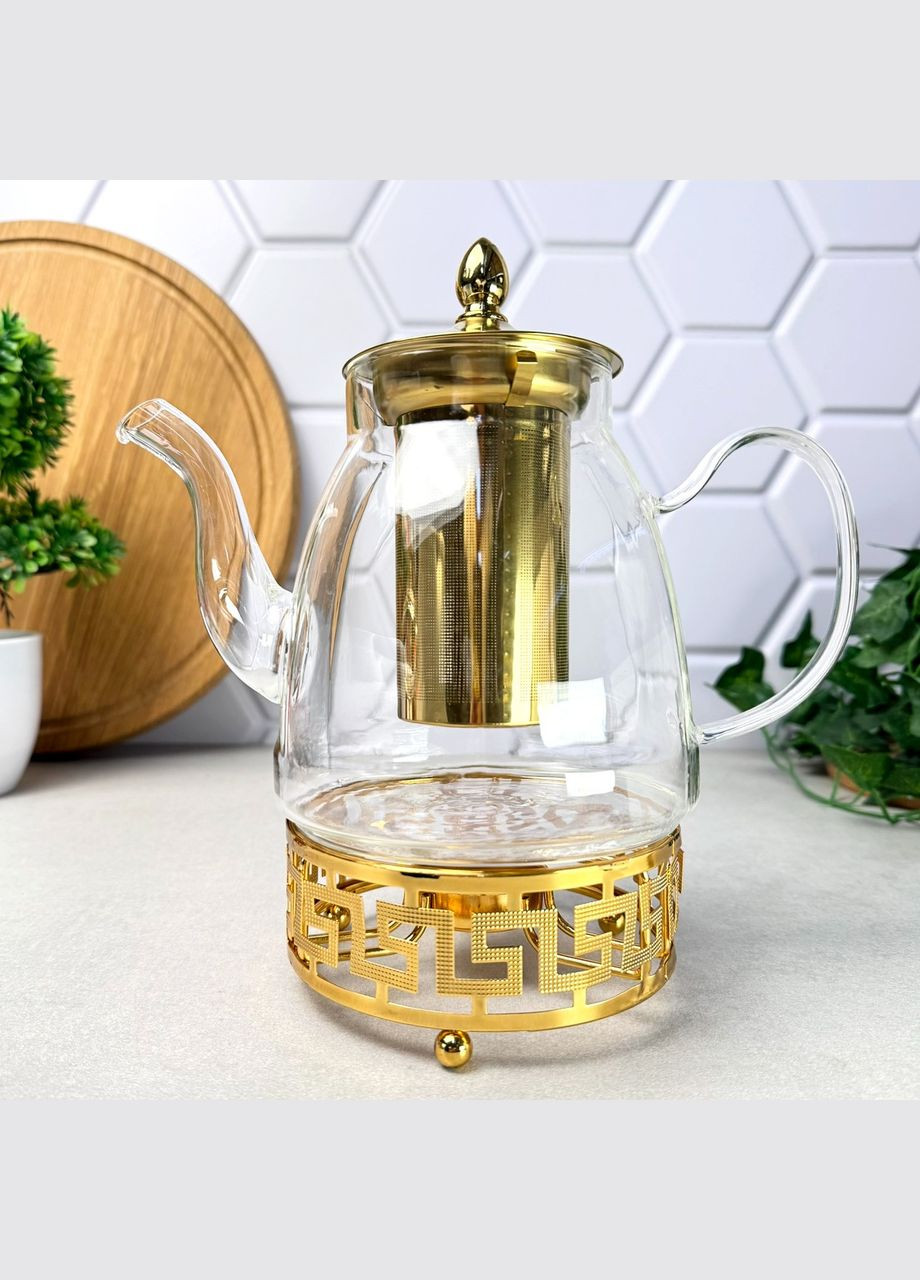 Скляний чайник 1 л на золотистій підставці для підігріву Ruhunu Золото No Brand (315436536)