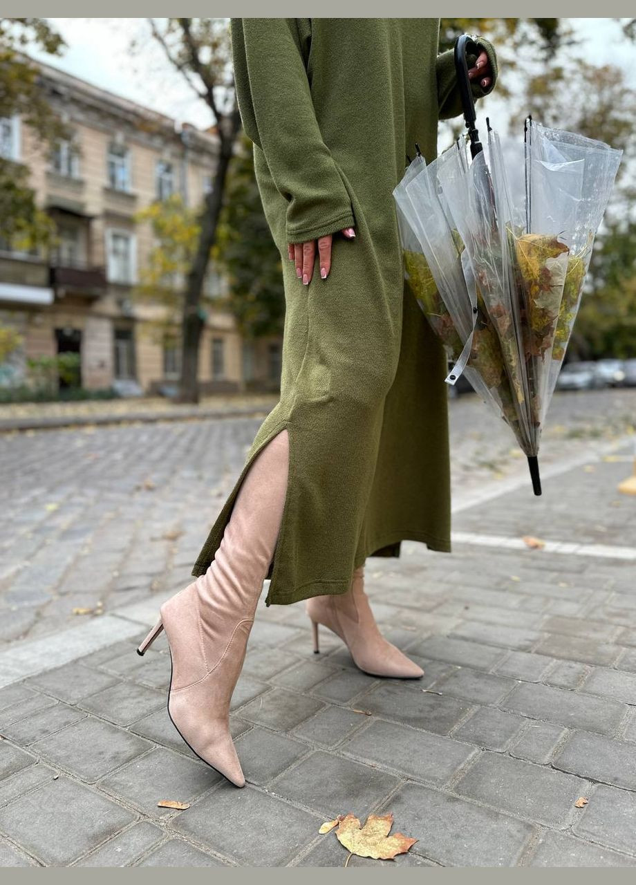 Оливкова (хакі) ділова, повсякденний, кежуал тепла та затишна кежуал сукня з ангори Vakko однотонна