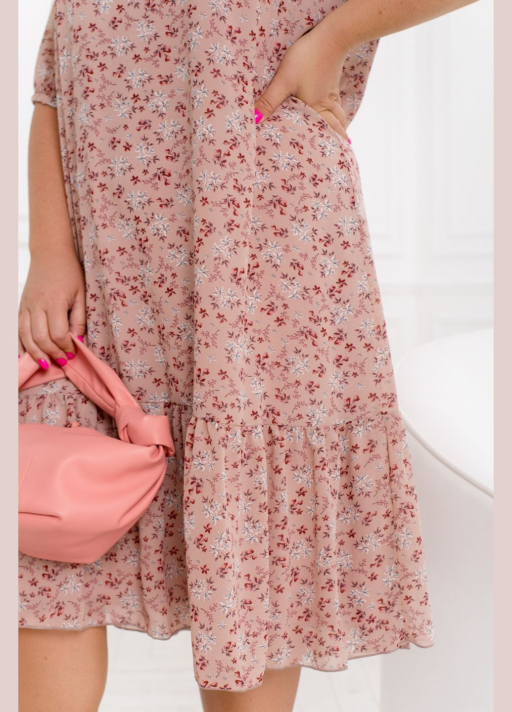 Пудровое кэжуал шифоновое платье а-силуэт No Brand с цветочным принтом