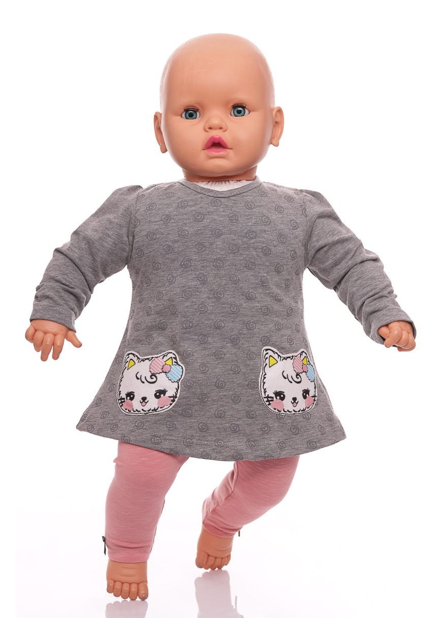 Сірий демісезонний костюм з довгим рукавом для дівчинки трикотажний з кішкою сірий 74 см (33859) BABYKROHA