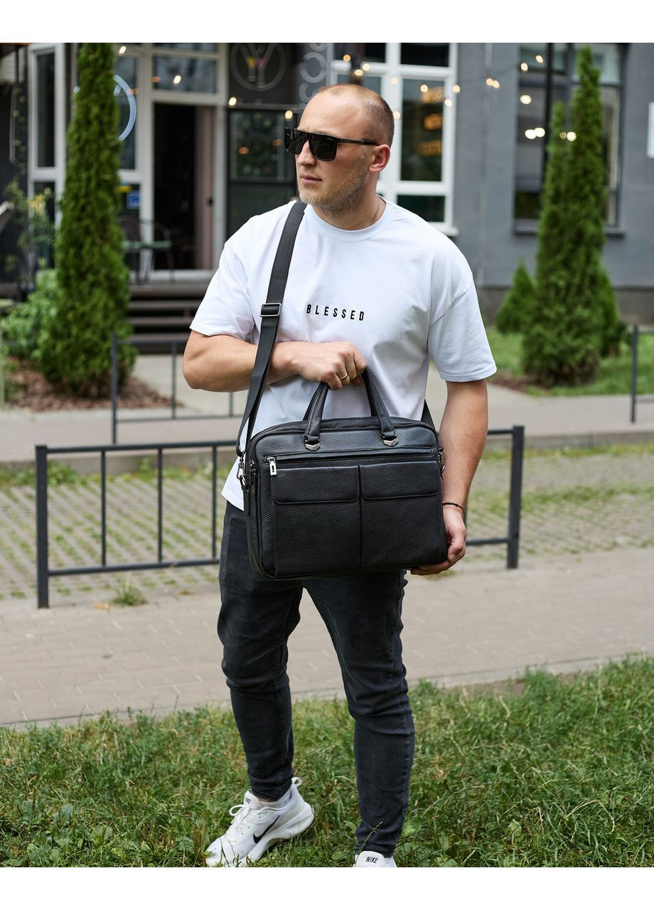 Сумка чоловіча офісна через плече 39х29х10, практичний шкіряний портфель для бізнесу, сумочка для навання, чорний No Brand (359380831)